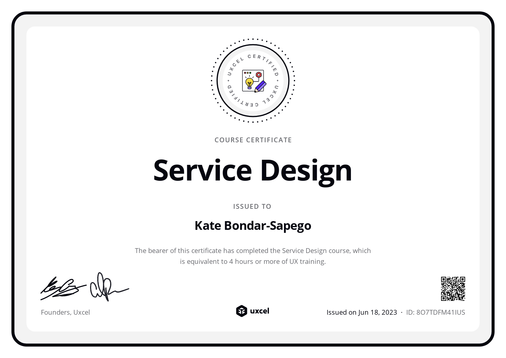Kate Bondar-Sapego's certificate